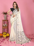 Fabrica Vibe Off-White Soft Linen Saree with Tribal Warli Art Print & Tassel Pallu