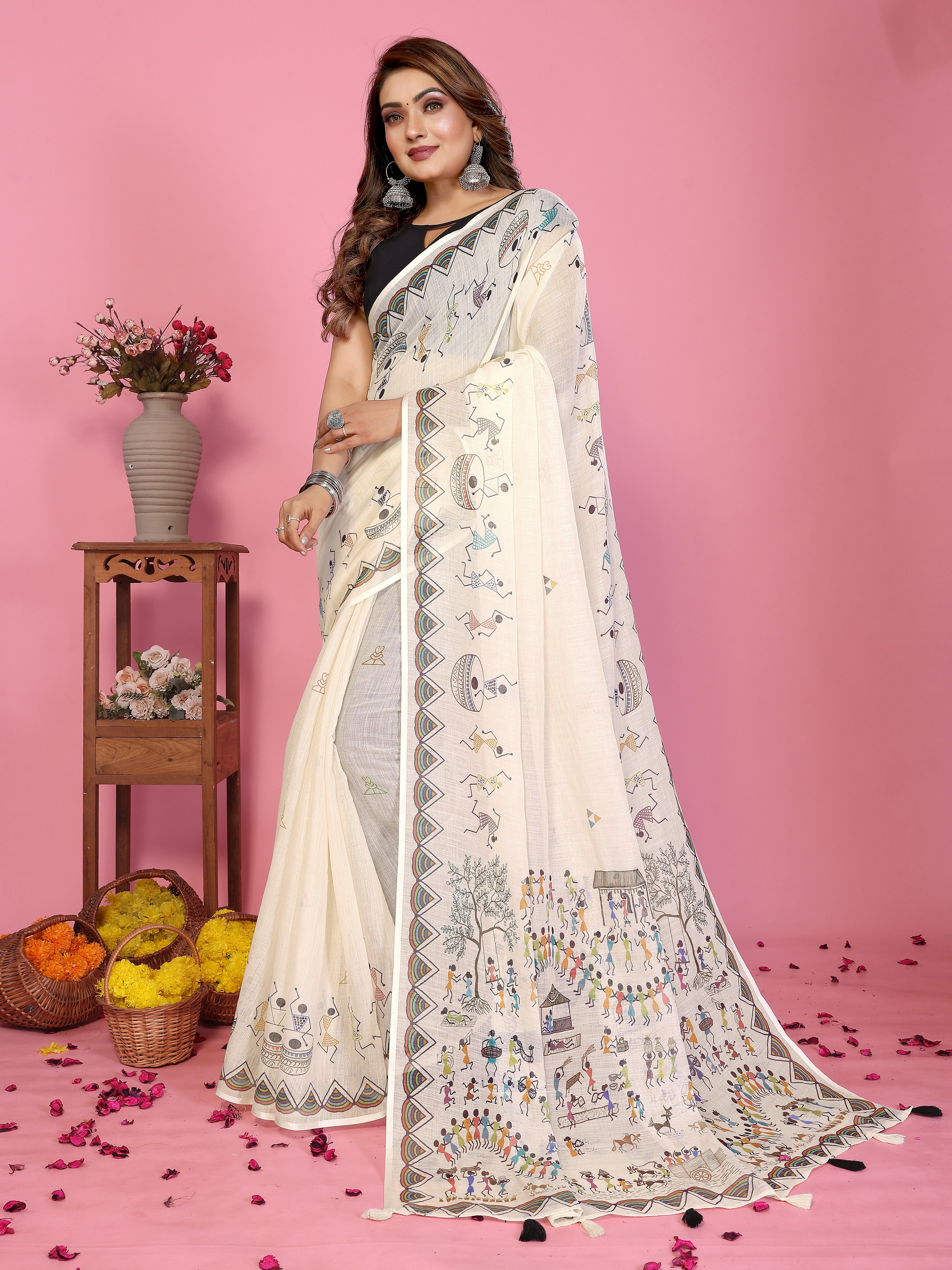 Fabrica Vibe Off-White Soft Linen Saree with Tribal Warli Art Print & Tassel Pallu
