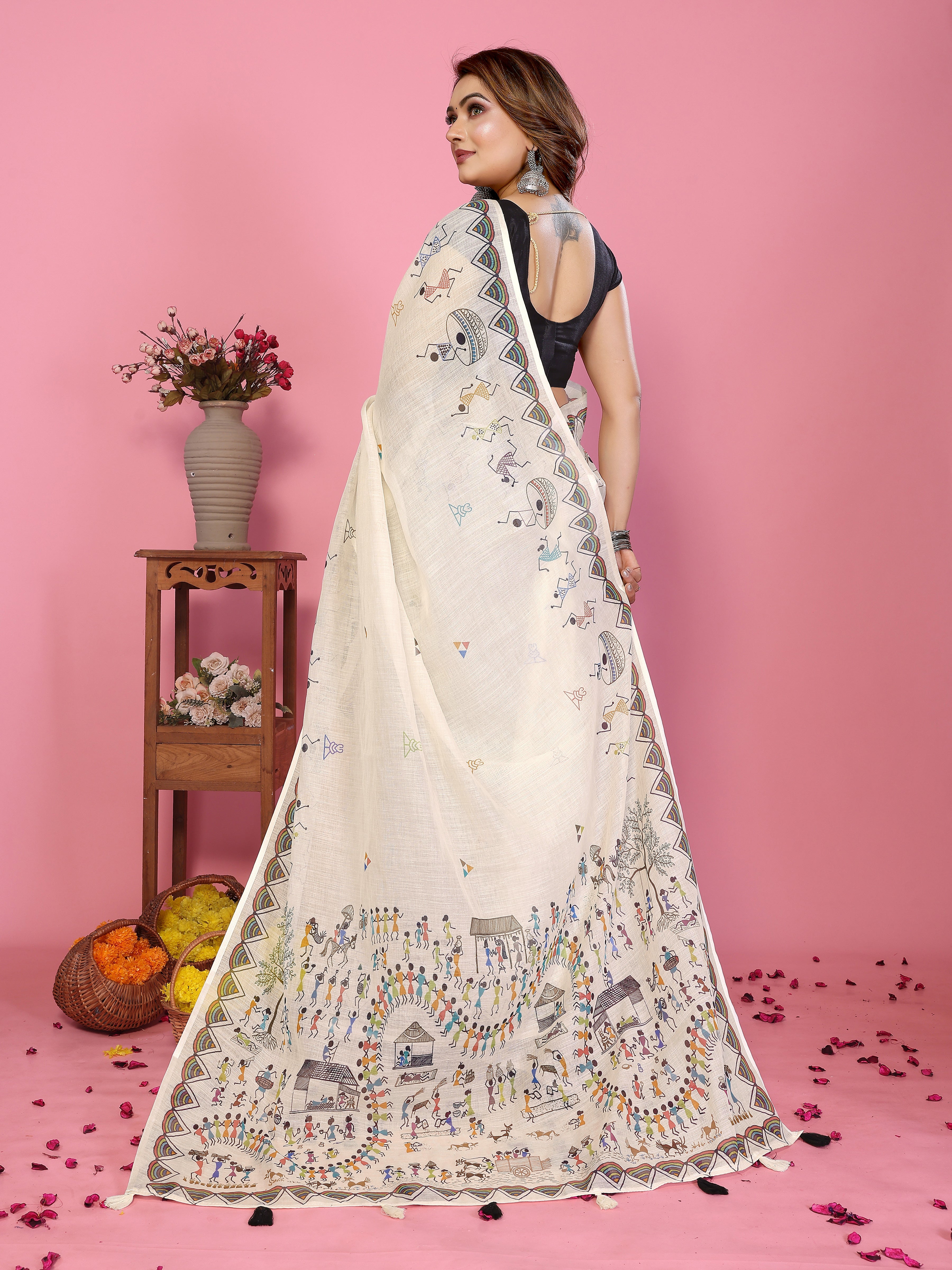 Fabrica Vibe Off-White Soft Linen Saree with Tribal Warli Art Print & Tassel Pallu