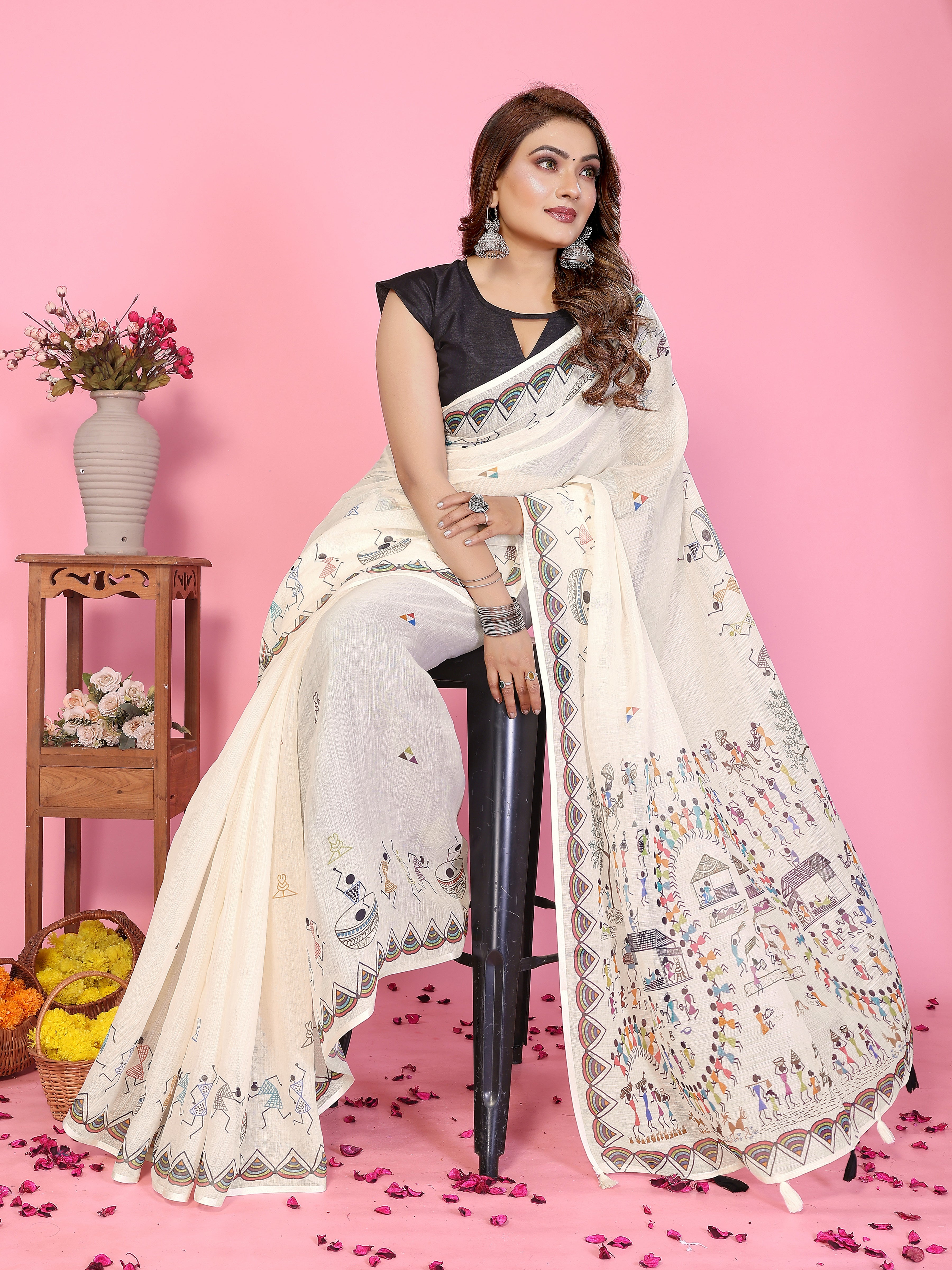 Fabrica Vibe Off-White Soft Linen Saree with Tribal Warli Art Print & Tassel Pallu