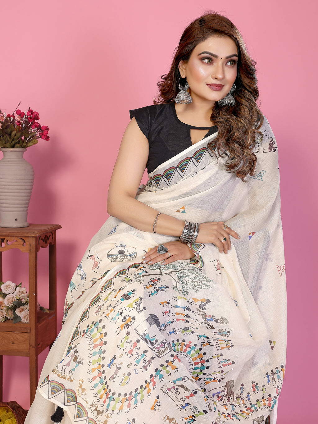 Fabrica Vibe Off-White Soft Linen Saree with Tribal Warli Art Print & Tassel Pallu