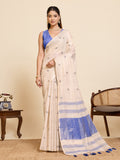 Fabrica Vibe Off-White & BLUE Linen Blend Saree with  Embroidery and Blue Woven Border & Tassel Pallu