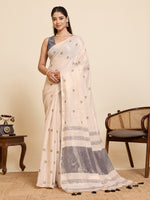 Fabrica Vibe Off-White Linen Cotton Saree with Embroidery and Charcoal Grey Border & Woven Butti Motifs