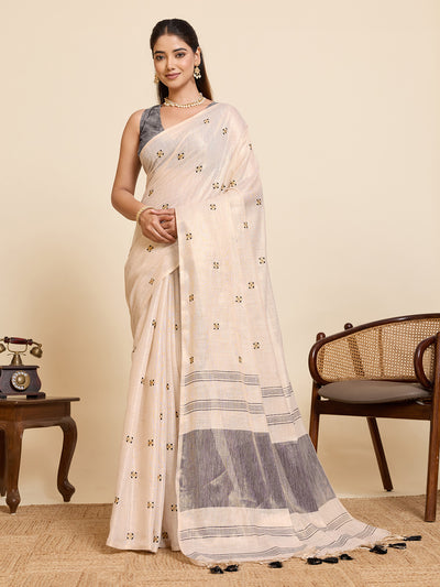 Fabrica Vibe Off-White Linen Cotton Saree with Embroidery and Charcoal Grey Border & Woven Butti Motifs