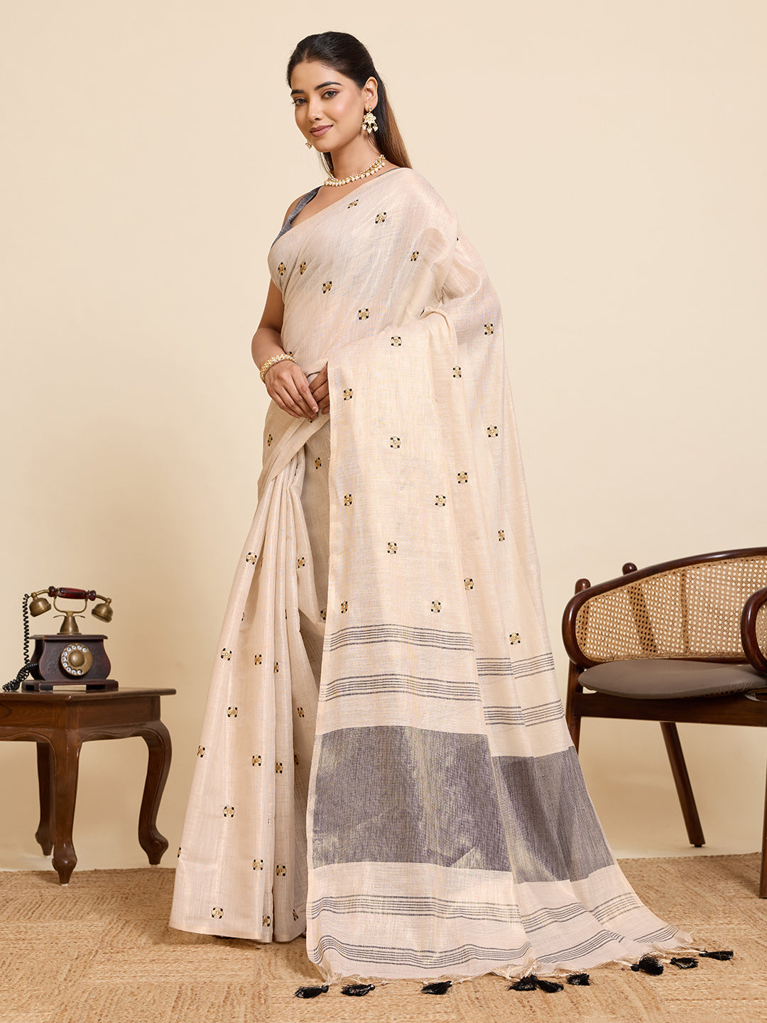 Fabrica Vibe Off-White Linen Cotton Saree with Embroidery and Charcoal Grey Border & Woven Butti Motifs