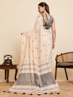 Fabrica Vibe Off-White Linen Cotton Saree with Embroidery and Charcoal Grey Border & Woven Butti Motifs
