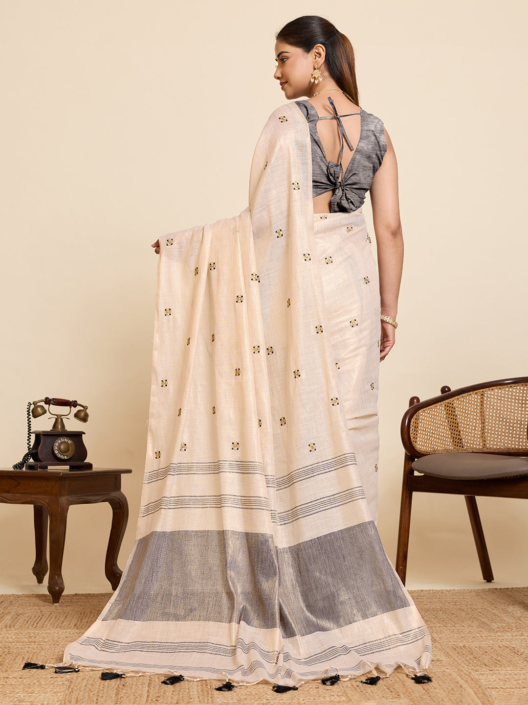 Fabrica Vibe Off-White Linen Cotton Saree with Embroidery and Charcoal Grey Border & Woven Butti Motifs