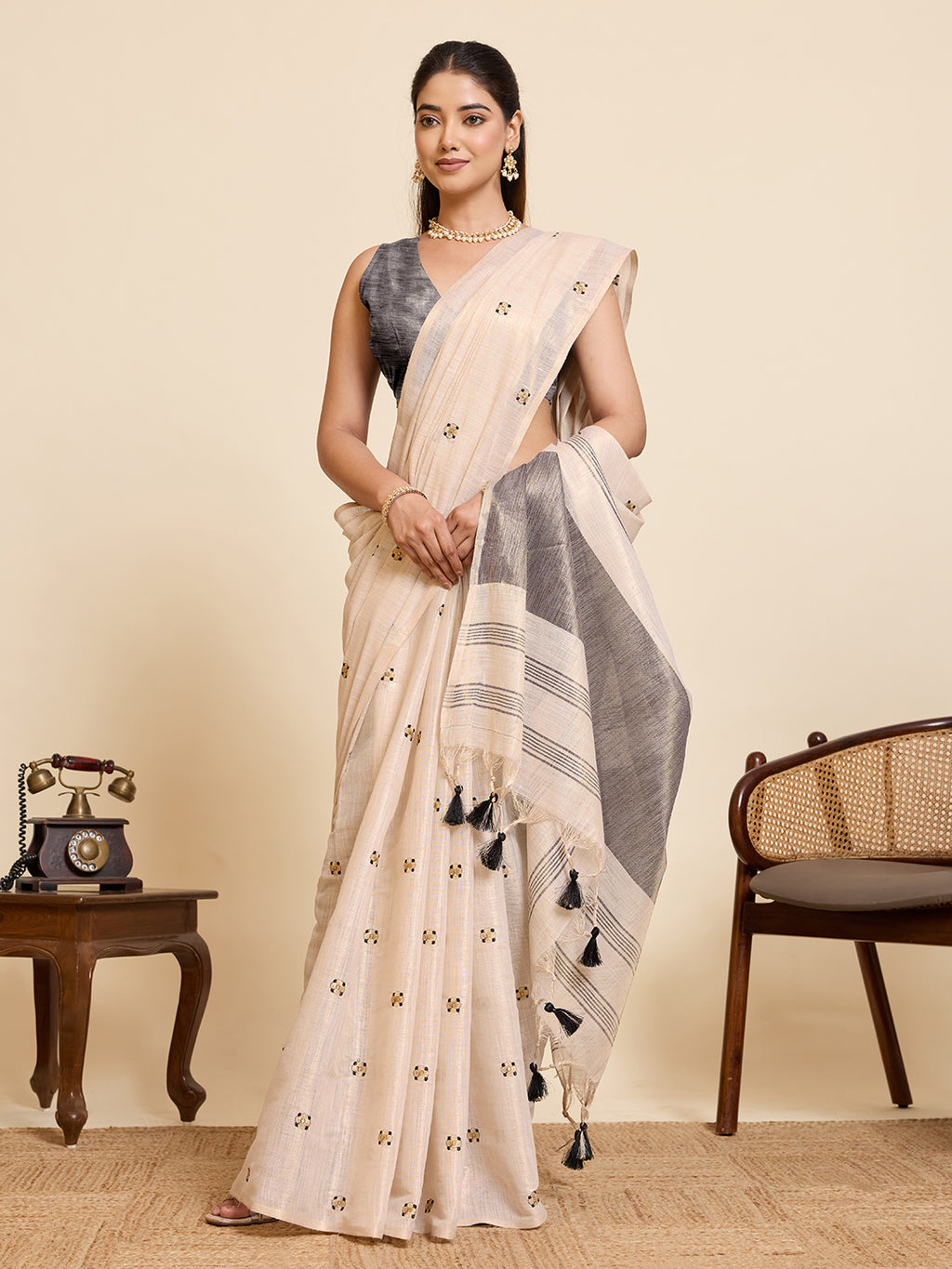 Fabrica Vibe Off-White Linen Cotton Saree with Embroidery and Charcoal Grey Border & Woven Butti Motifs
