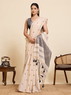 Fabrica Vibe Off-White Linen Cotton Saree with Embroidery and Charcoal Grey Border & Woven Butti Motifs