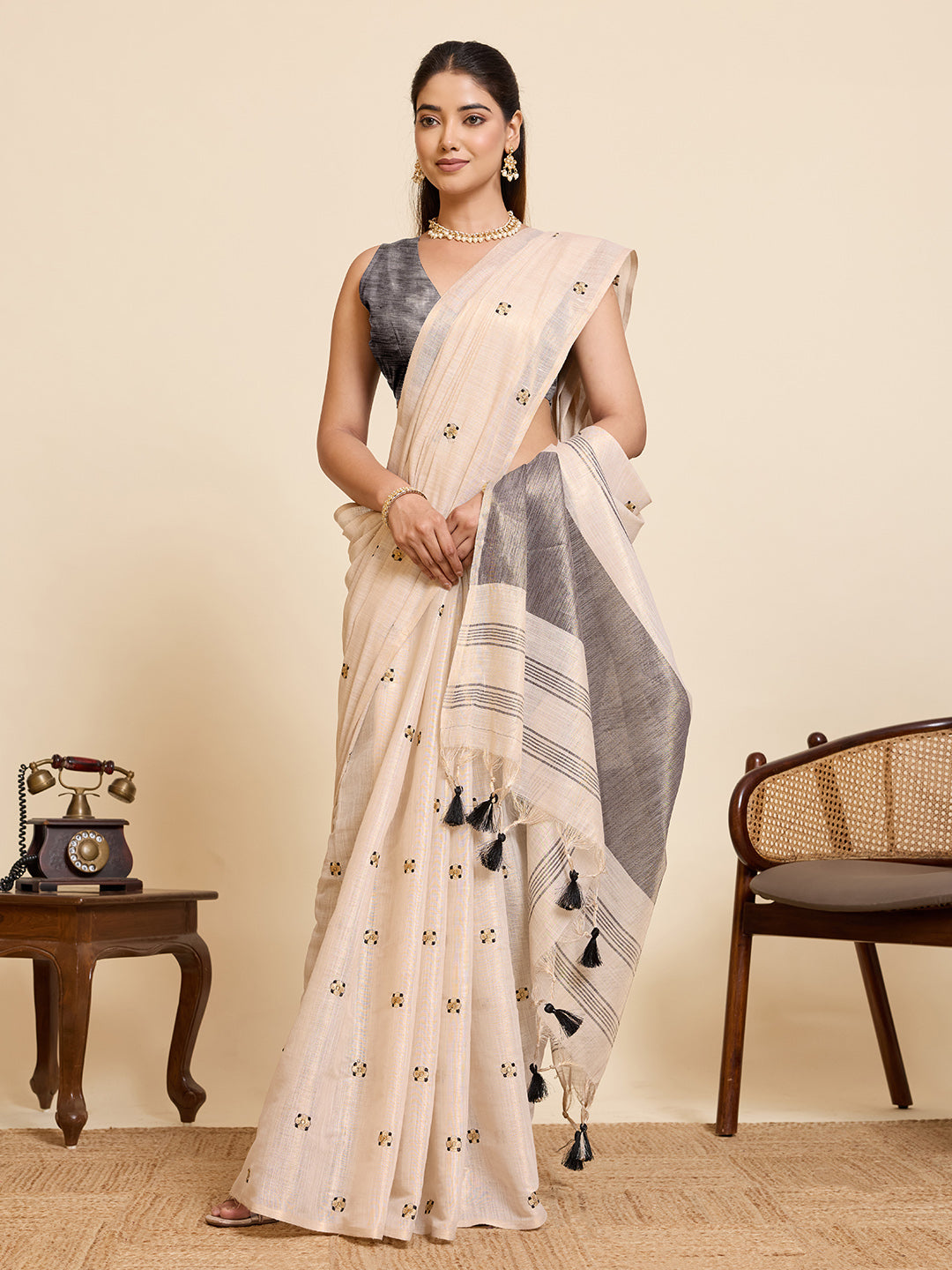 Fabrica Vibe Off-White Linen Cotton Saree with Embroidery and Charcoal Grey Border & Woven Butti Motifs