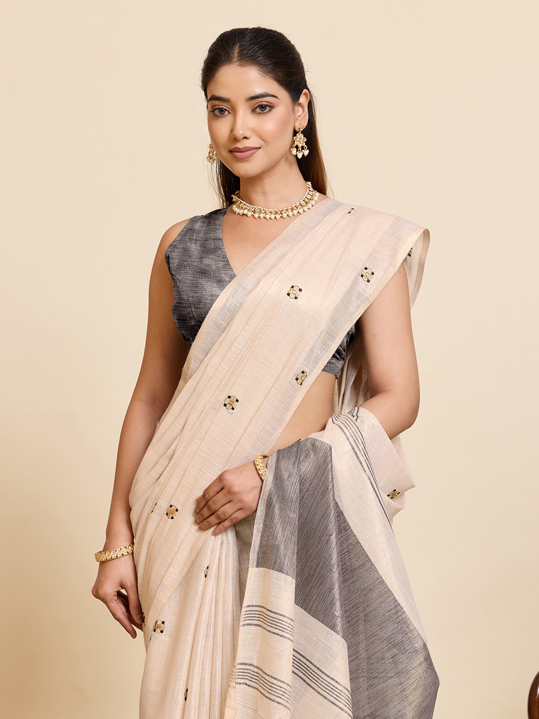 Fabrica Vibe Off-White Linen Cotton Saree with Embroidery and Charcoal Grey Border & Woven Butti Motifs