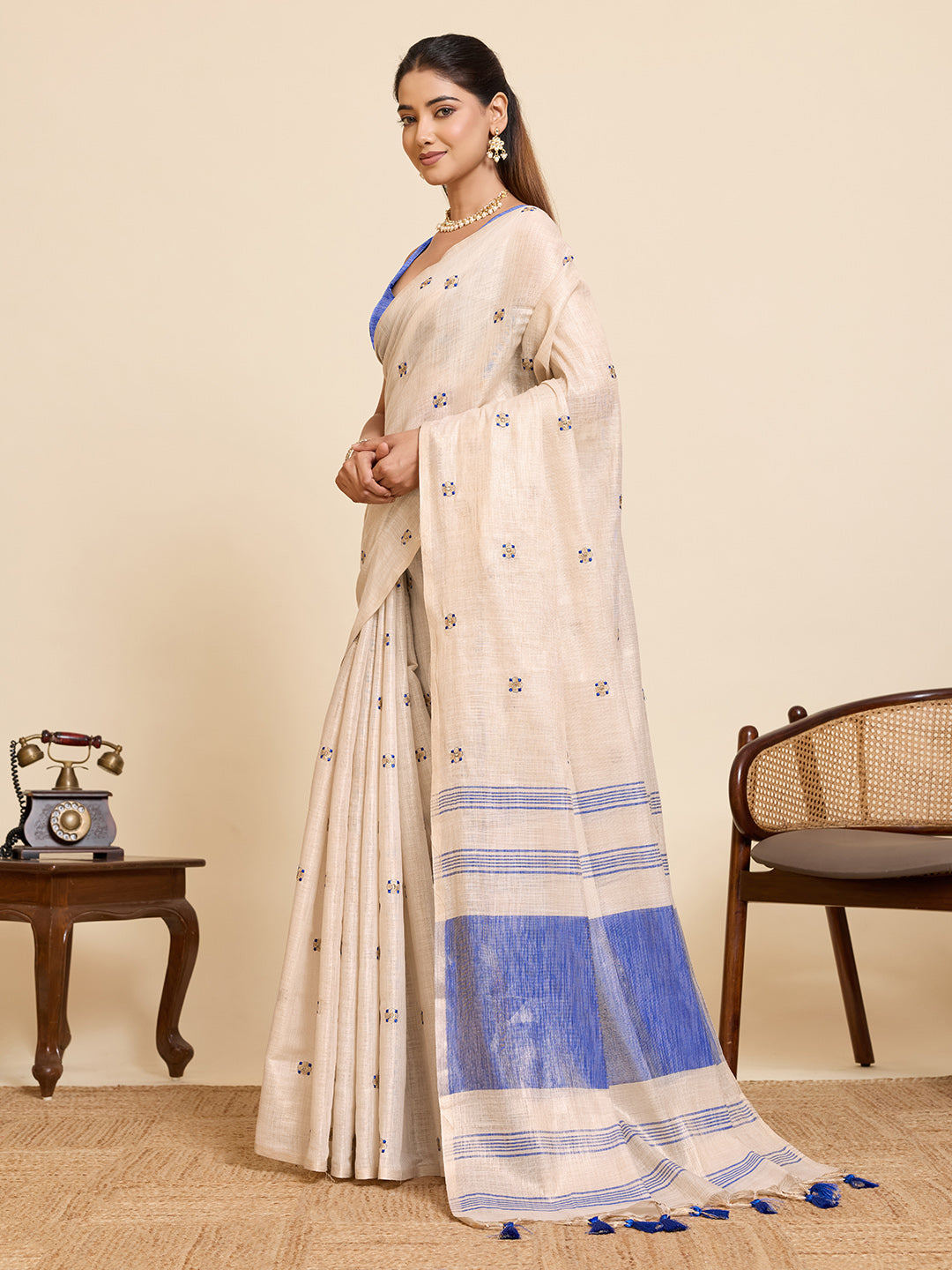 Fabrica Vibe Off-White & BLUE Linen Blend Saree with  Embroidery and Blue Woven Border & Tassel Pallu