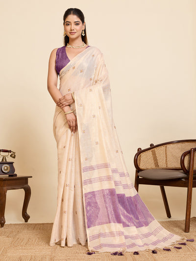 Fabrica Vibe Off-White Linen Cotton Saree with Embroidery and Lavender Purple Border & Woven Motifs