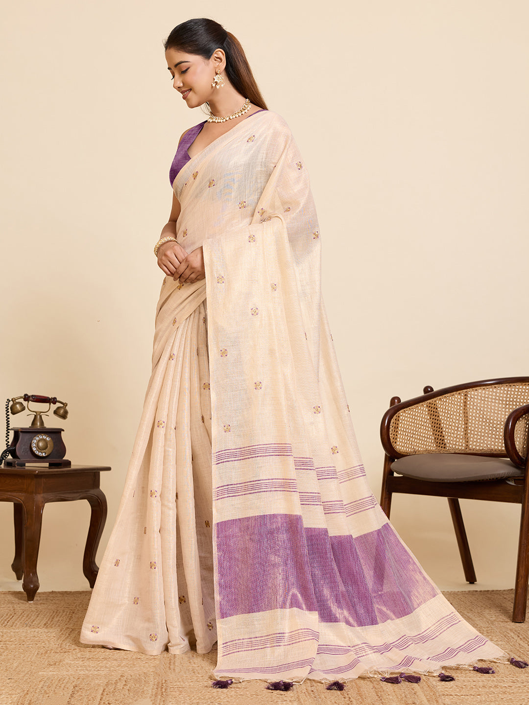 Fabrica Vibe Off-White Linen Cotton Saree with Embroidery and Lavender Purple Border & Woven Motifs