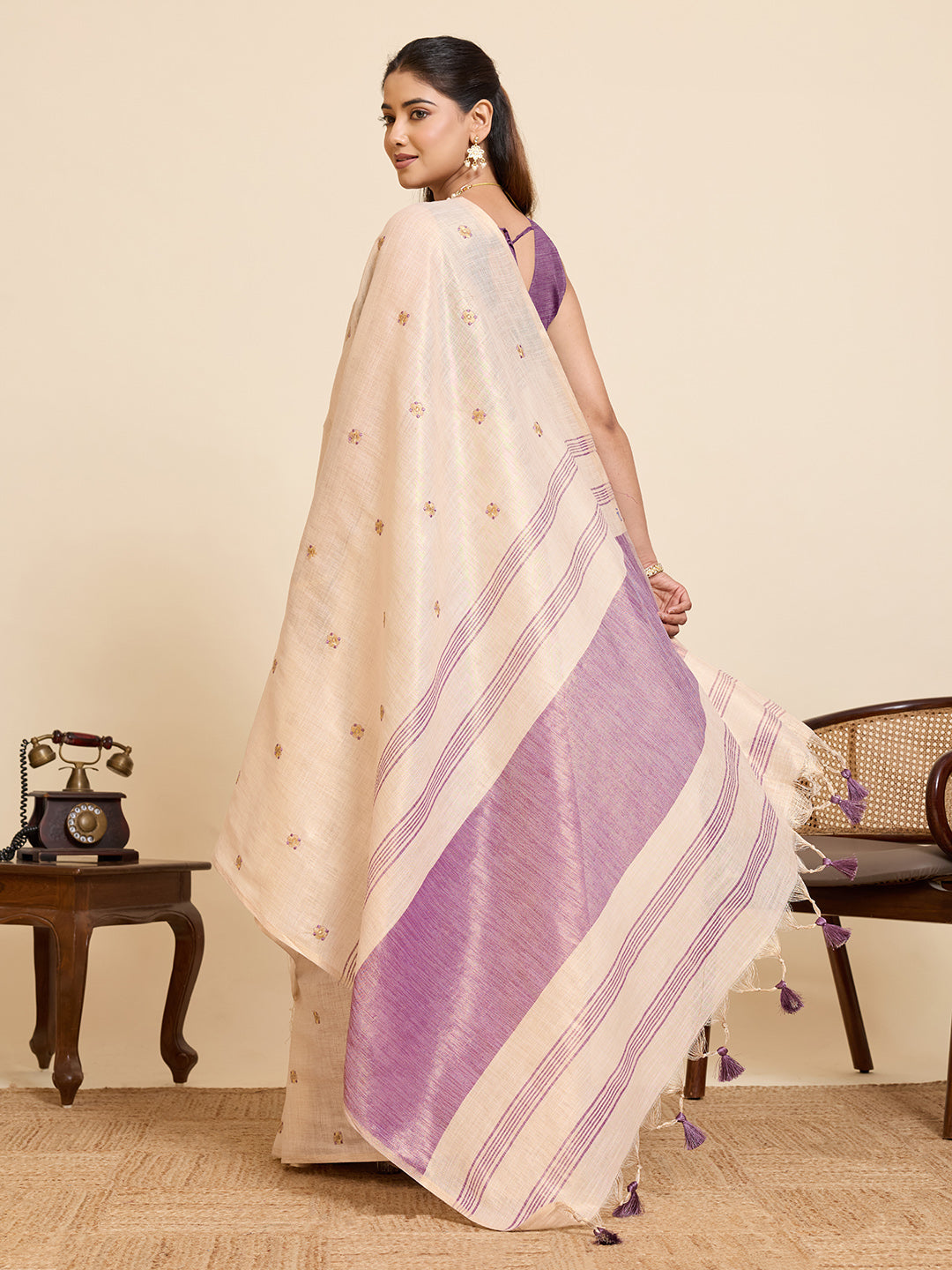 Fabrica Vibe Off-White Linen Cotton Saree with Embroidery and Lavender Purple Border & Woven Motifs