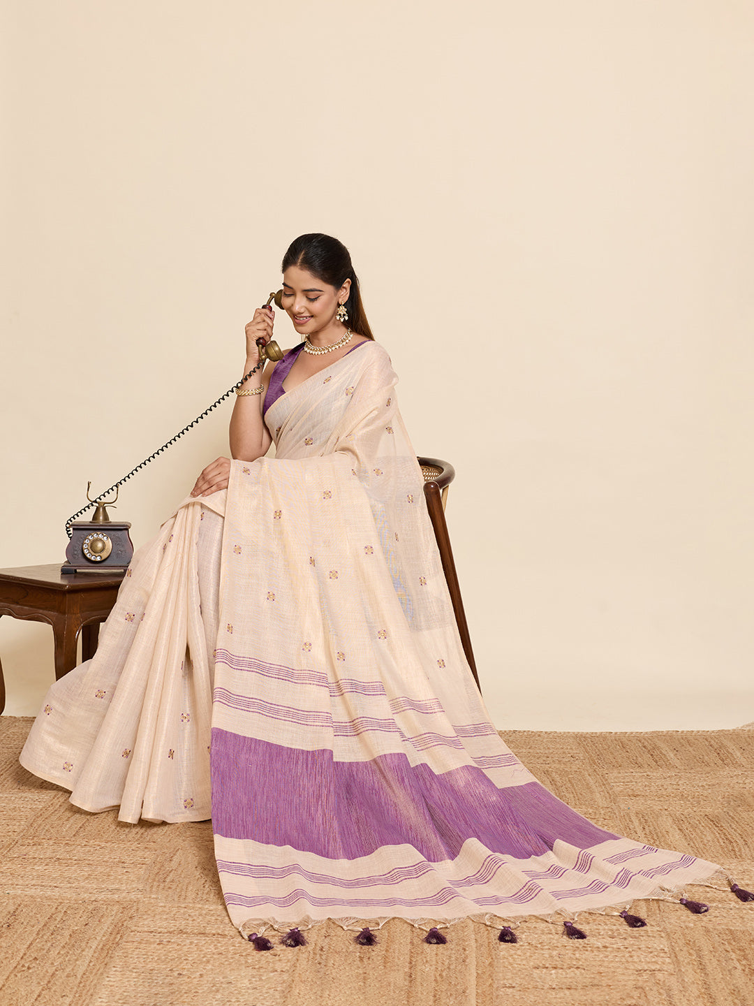 Fabrica Vibe Off-White Linen Cotton Saree with Embroidery and Lavender Purple Border & Woven Motifs