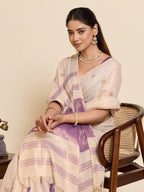 Fabrica Vibe Off-White Linen Cotton Saree with Embroidery and Lavender Purple Border & Woven Motifs