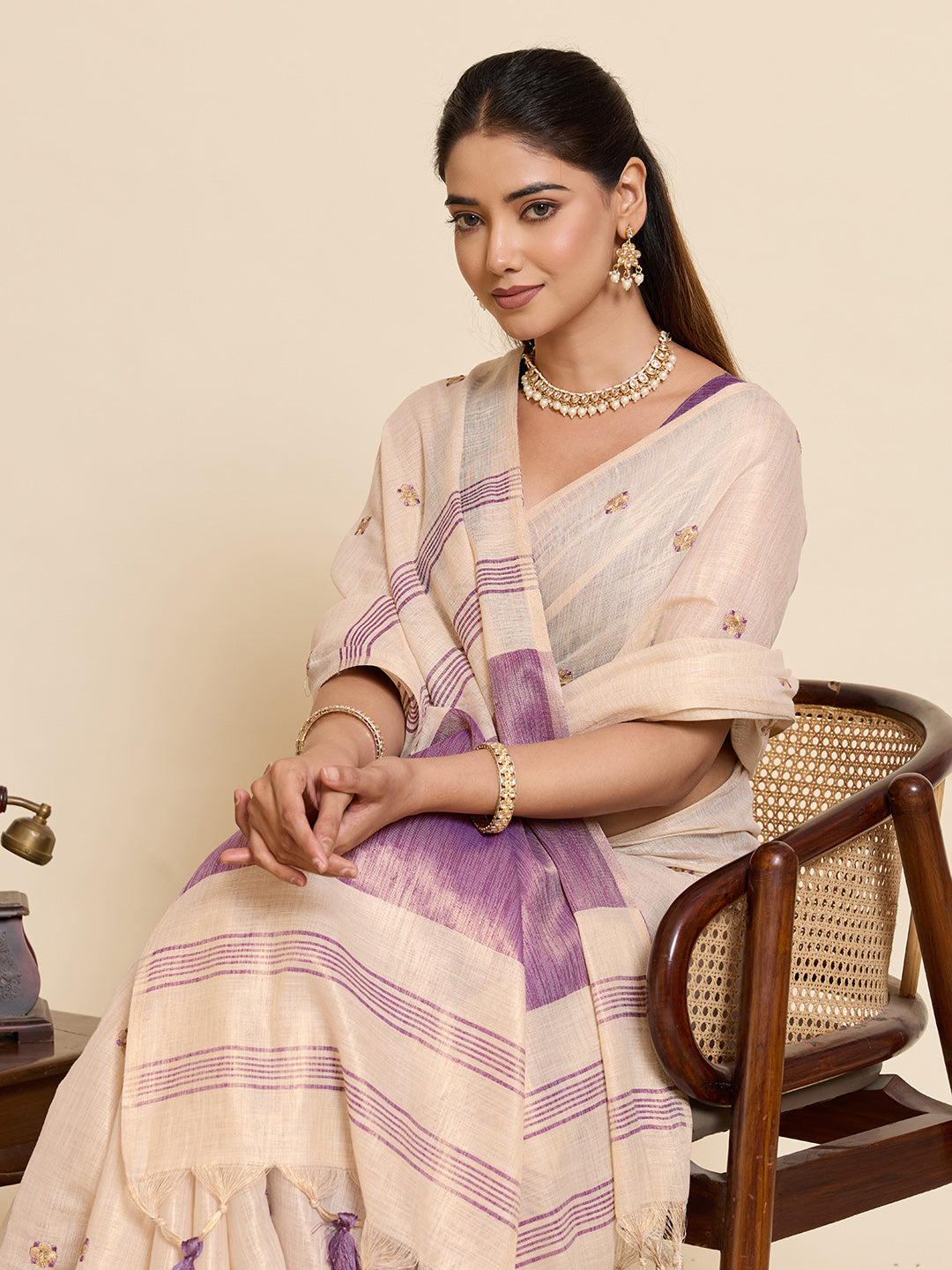 Fabrica Vibe Off-White Linen Cotton Saree with Embroidery and Lavender Purple Border & Woven Motifs