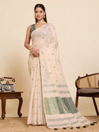 Fabrica Vibe Handwoven Off-White Cotton Linen Saree with Embroidery and Olive Green Contrast Pallu