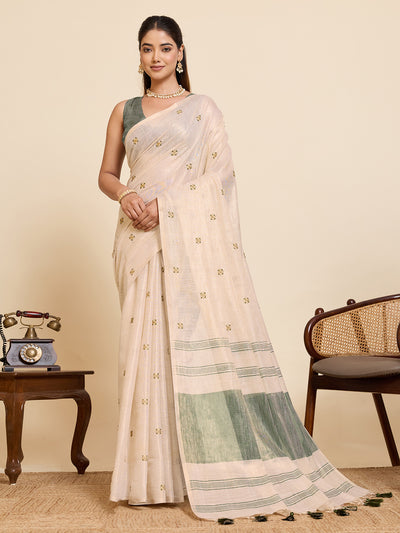 Fabrica Vibe Handwoven Off-White Cotton Linen Saree with Embroidery and Olive Green Contrast Pallu