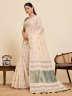 Fabrica Vibe Handwoven Off-White Cotton Linen Saree with Embroidery and Olive Green Contrast Pallu