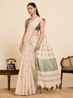 Fabrica Vibe Handwoven Off-White Cotton Linen Saree with Embroidery and Olive Green Contrast Pallu