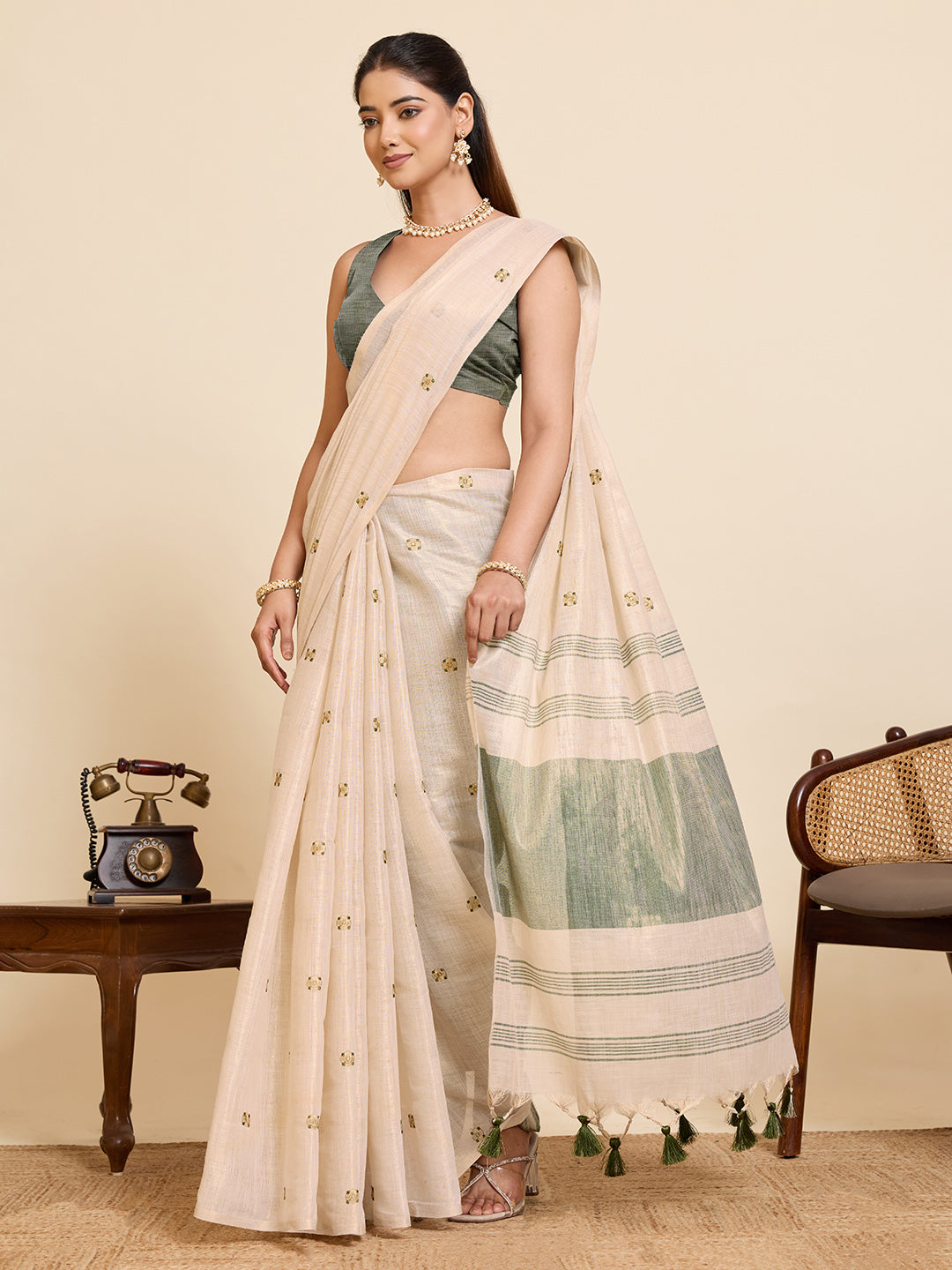 Fabrica Vibe Handwoven Off-White Cotton Linen Saree with Embroidery and Olive Green Contrast Pallu