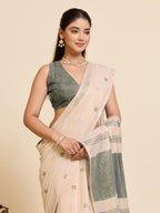 Fabrica Vibe Handwoven Off-White Cotton Linen Saree with Embroidery and Olive Green Contrast Pallu