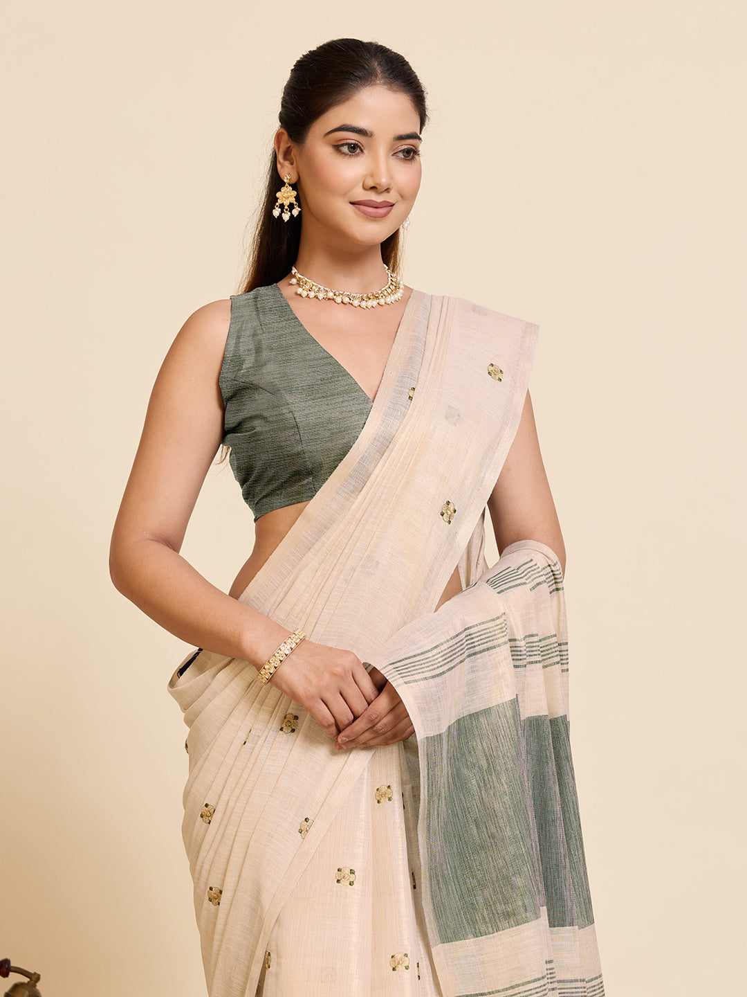 Fabrica Vibe Handwoven Off-White Cotton Linen Saree with Embroidery and Olive Green Contrast Pallu