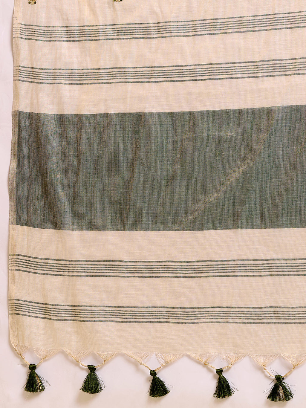 Fabrica Vibe Handwoven Off-White Cotton Linen Saree with Embroidery and Olive Green Contrast Pallu