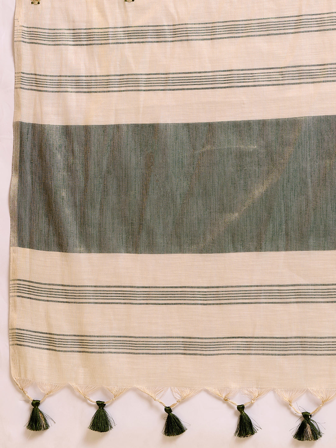 Fabrica Vibe Handwoven Off-White Cotton Linen Saree with Embroidery and Olive Green Contrast Pallu