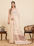 Fabrica Vibe Handwoven Off-White Cotton Linen Saree with Embroidery and Floral Buti & Brown Border