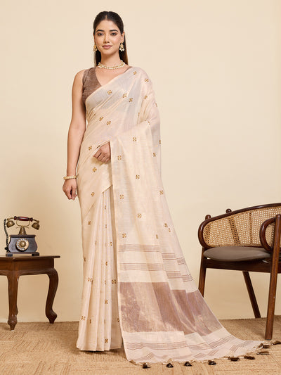 Fabrica Vibe Handwoven Off-White Cotton Linen Saree with Embroidery and Floral Buti & Brown Border