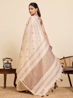 Fabrica Vibe Handwoven Off-White Cotton Linen Saree with Embroidery and Floral Buti & Brown Border