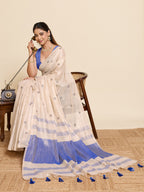 Fabrica Vibe Off-White & BLUE Linen Blend Saree with  Embroidery and Blue Woven Border & Tassel Pallu