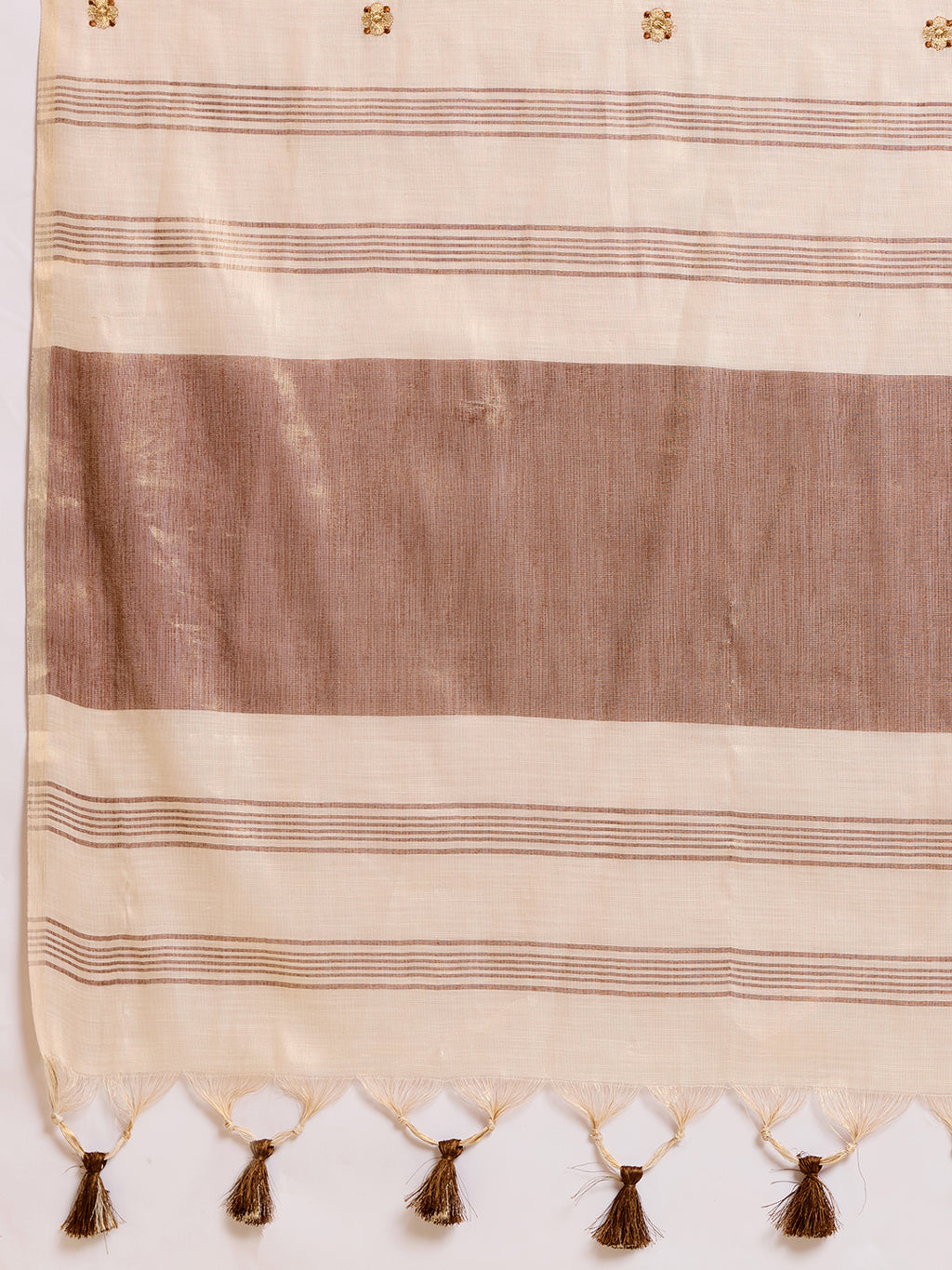 Fabrica Vibe Handwoven Off-White Cotton Linen Saree with Embroidery and Floral Buti & Brown Border