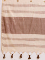 Fabrica Vibe Handwoven Off-White Cotton Linen Saree with Embroidery and Floral Buti & Brown Border