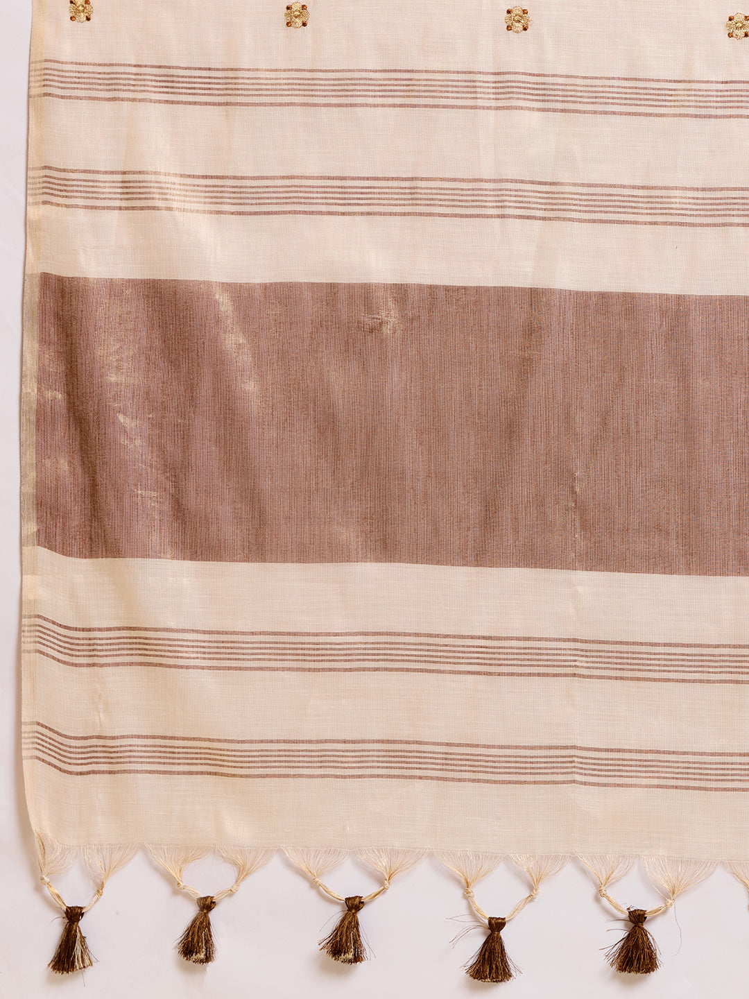 Fabrica Vibe Handwoven Off-White Cotton Linen Saree with Embroidery and Floral Buti & Brown Border