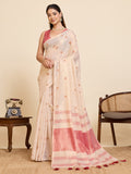 Fabrica Vibe Handwoven Off-White Linen Cotton Saree with Embroidery and Red Woven Border & Floral Buti Work