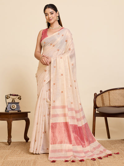 Fabrica Vibe Handwoven Off-White Linen Cotton Saree with Embroidery and Red Woven Border & Floral Buti Work