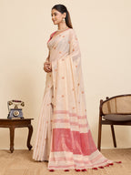 Fabrica Vibe Handwoven Off-White Linen Cotton Saree with Embroidery and Red Woven Border & Floral Buti Work