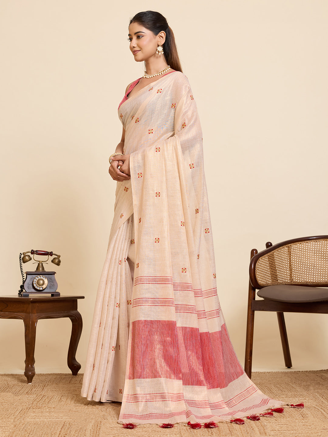 Fabrica Vibe Handwoven Off-White Linen Cotton Saree with Embroidery and Red Woven Border & Floral Buti Work