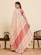 Fabrica Vibe Handwoven Off-White Linen Cotton Saree with Embroidery and Red Woven Border & Floral Buti Work