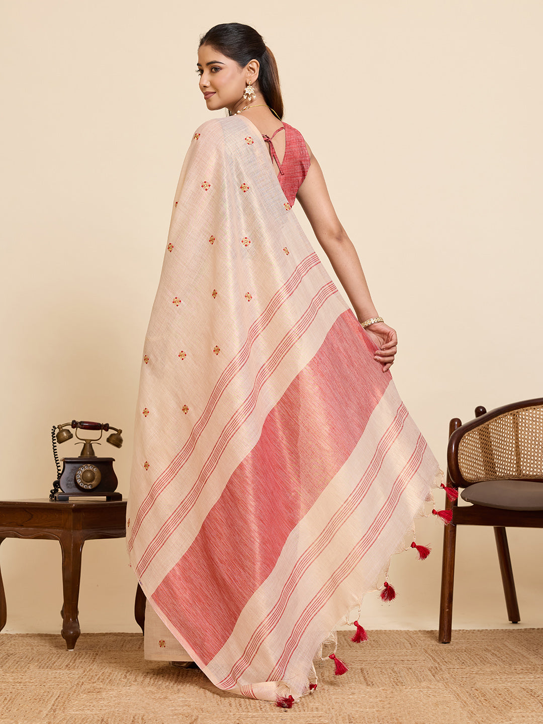 Fabrica Vibe Handwoven Off-White Linen Cotton Saree with Embroidery and Red Woven Border & Floral Buti Work
