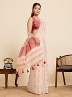 Fabrica Vibe Handwoven Off-White Linen Cotton Saree with Embroidery and Red Woven Border & Floral Buti Work