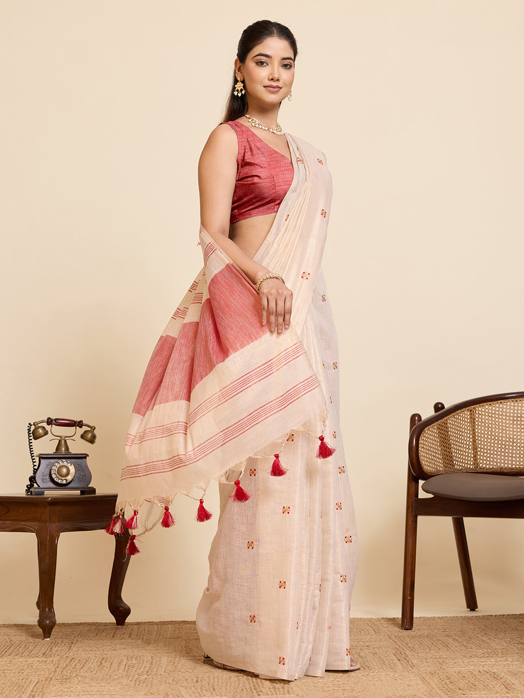 Fabrica Vibe Handwoven Off-White Linen Cotton Saree with Embroidery and Red Woven Border & Floral Buti Work