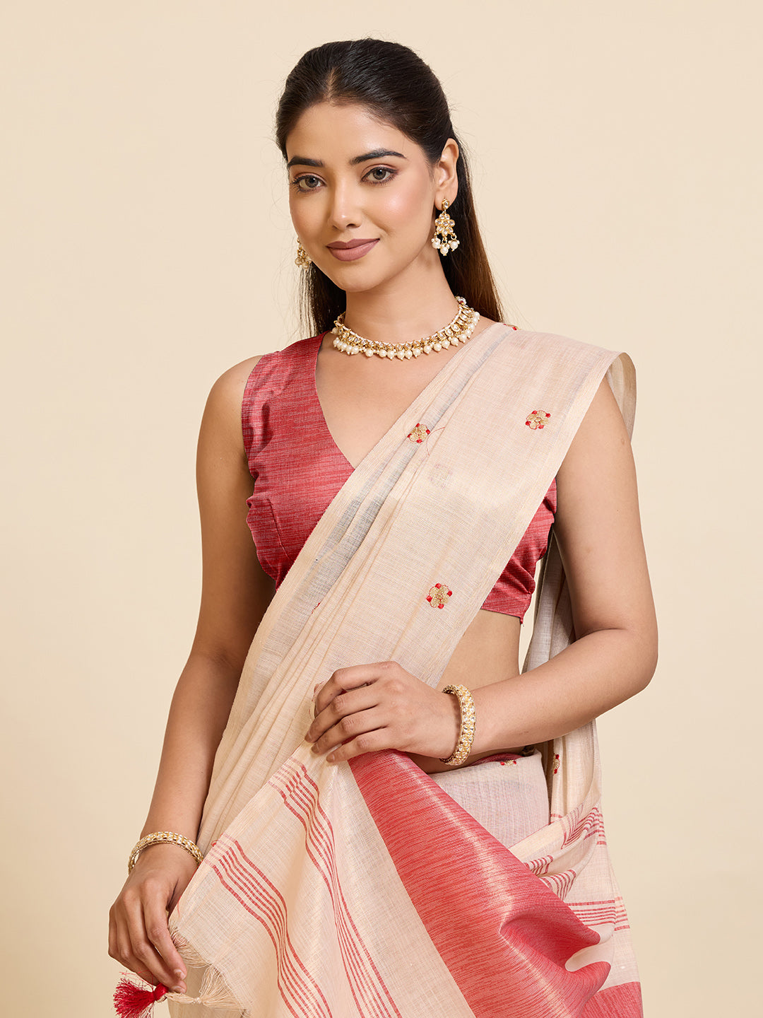 Fabrica Vibe Handwoven Off-White Linen Cotton Saree with Embroidery and Red Woven Border & Floral Buti Work