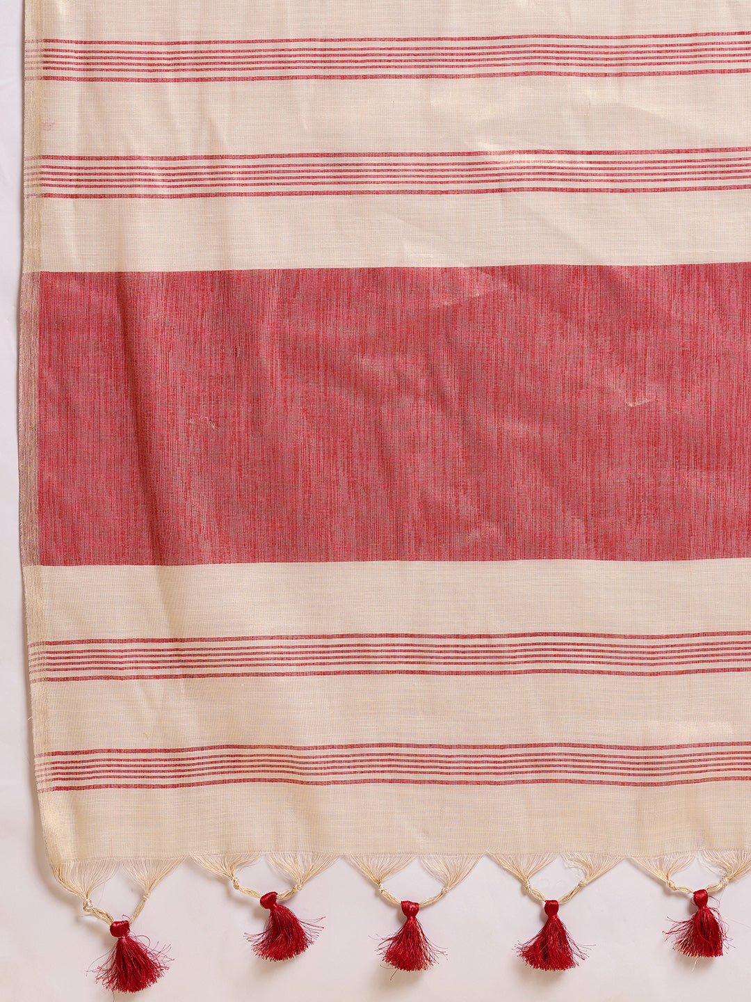 Fabrica Vibe Handwoven Off-White Linen Cotton Saree with Embroidery and Red Woven Border & Floral Buti Work