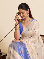 Fabrica Vibe Off-White & BLUE Linen Blend Saree with  Embroidery and Blue Woven Border & Tassel Pallu