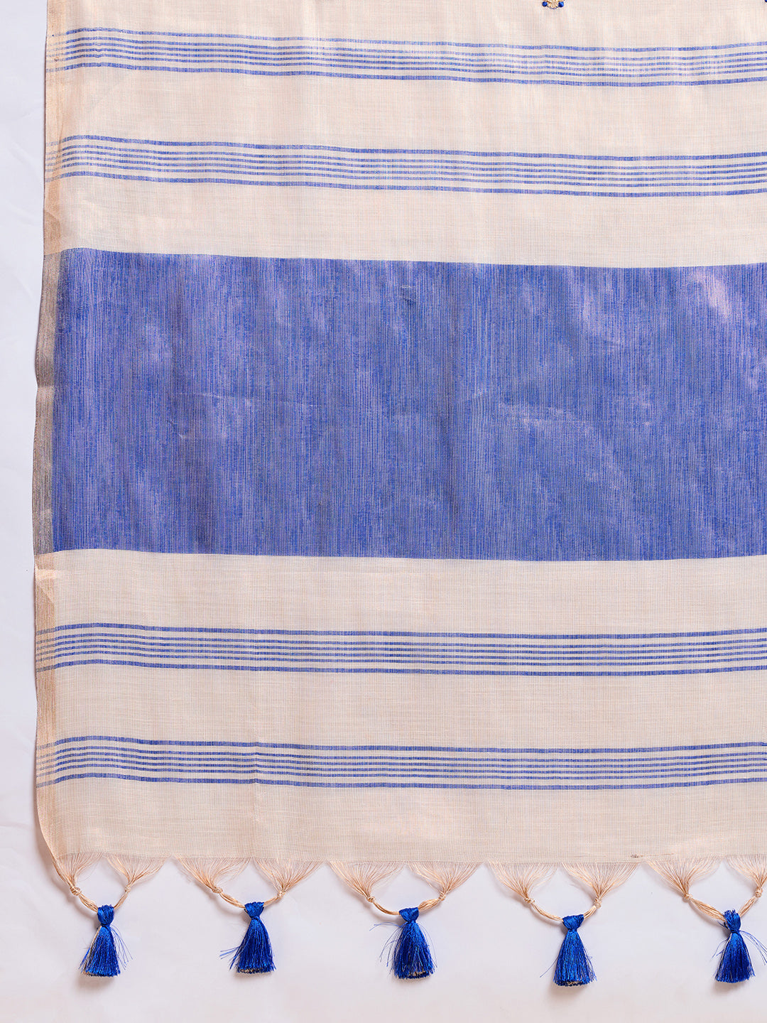 Fabrica Vibe Off-White & BLUE Linen Blend Saree with  Embroidery and Blue Woven Border & Tassel Pallu